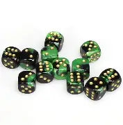 Chessex Gemini Black-Green/Gold 16mm d6 Dice Block™ (12 dice)